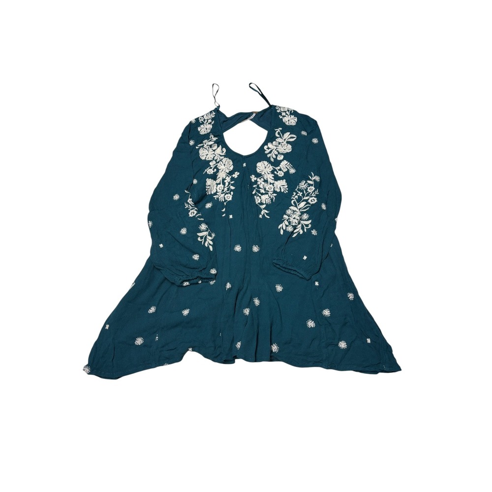 Free People Teal Green Embroidered Boho Mini Dress Open Back Sleeve Womens XS